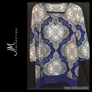 JM Collection Royal Blue Graphic Tunic Blouse embellished Large